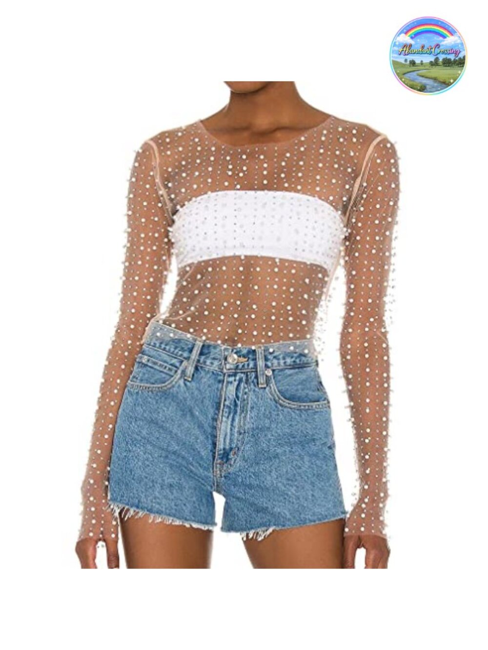 Women Pearl Rhinestone Sheer Mesh Crop Top See Through Long Sleeve Blouse